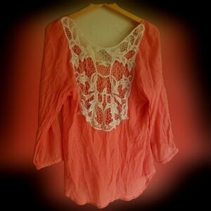 Coral Pink Maurice Sheer Crochet BACK top